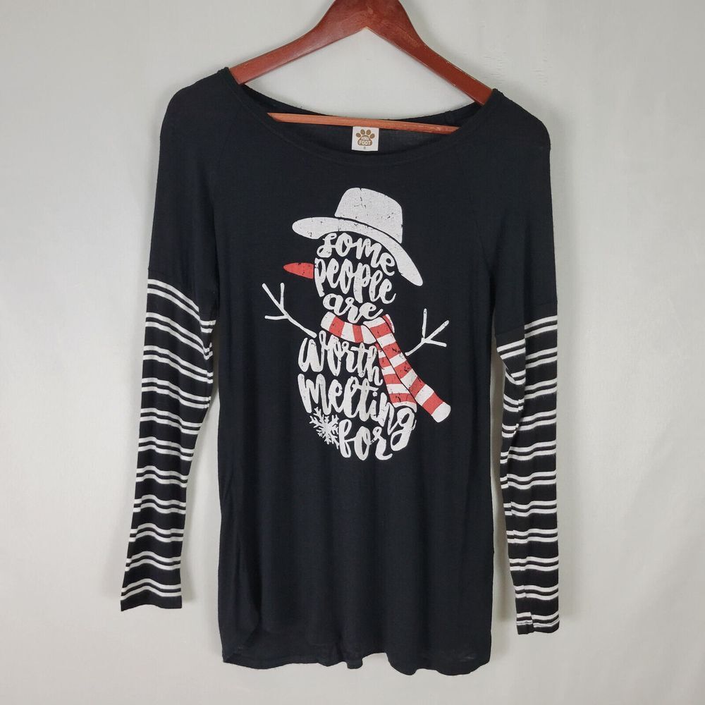 Pink Foot Shirt Womens Small Black Top‎ Christmas Snowman Long Striped Sleeve